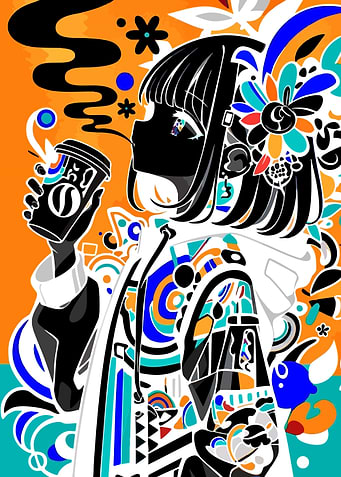 Anime Girl with Coffee and Abstract Art