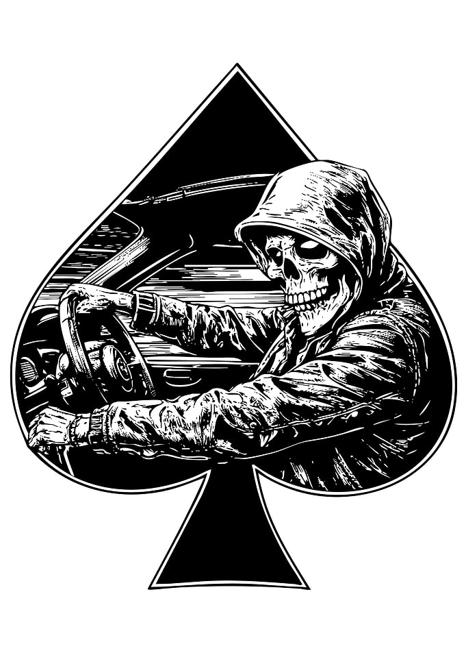 Skeleton driving a car in a spade