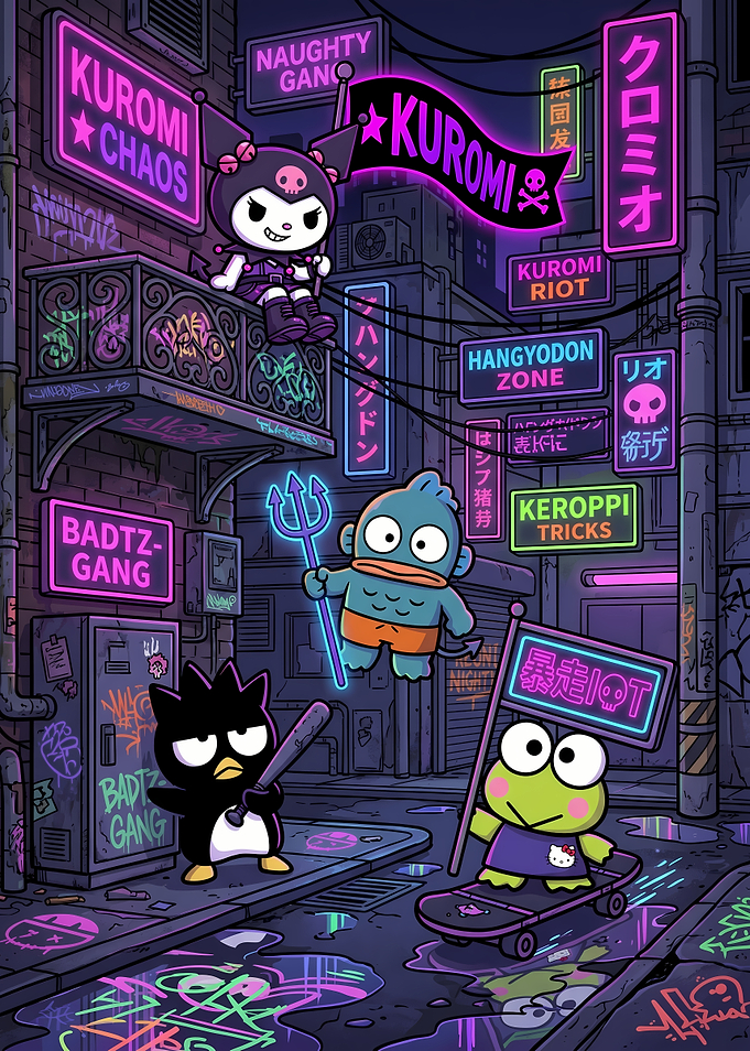 Sanrio Characters in a Neon Cityscape