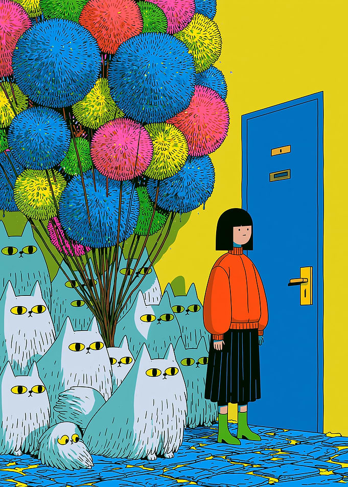 Girl with Cats and Colorful Spheres