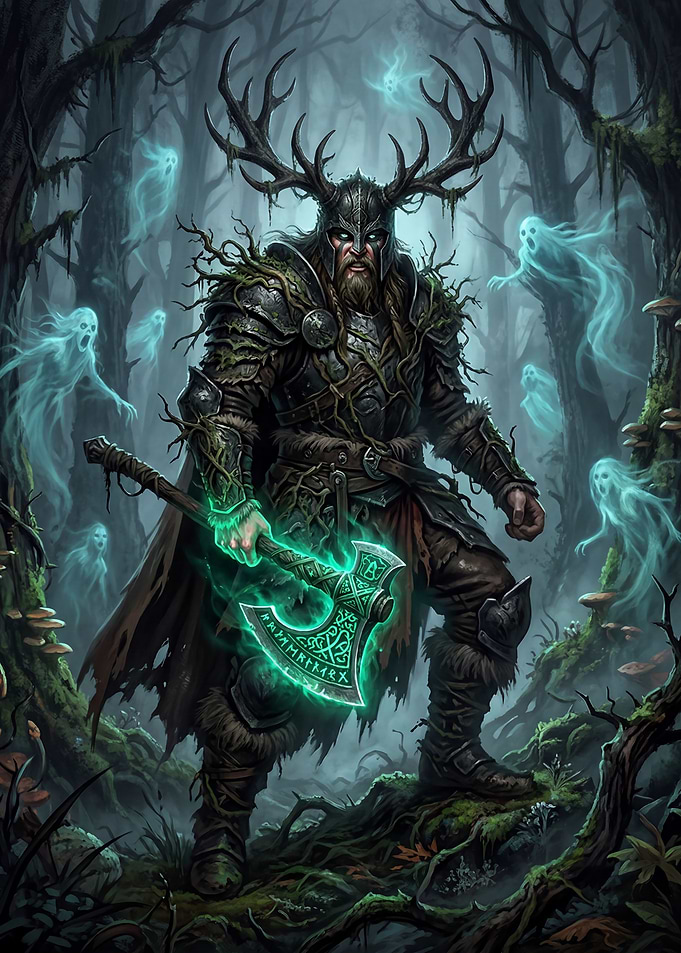 Viking Warrior with Glowing Axe and Ghosts