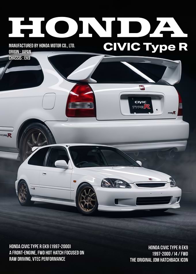 sleek white Honda Civic Type R EK9 car Poster