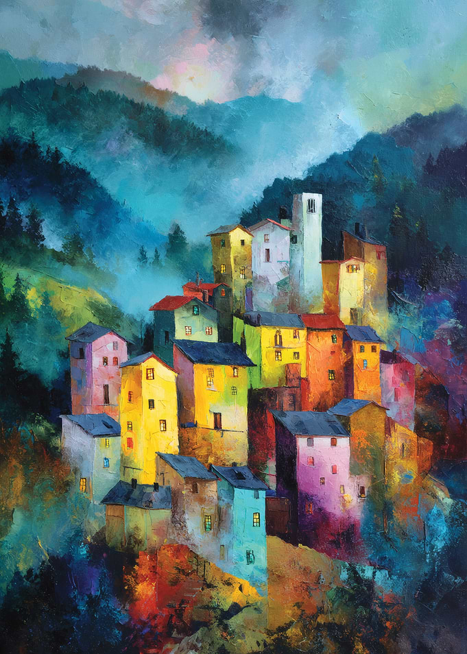 Colorful Village on a Misty Mountain