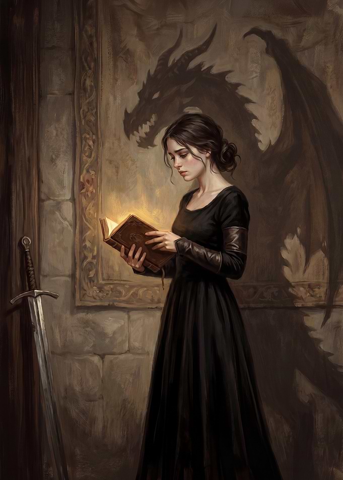 Woman Reading a Book with Dragon Shadow