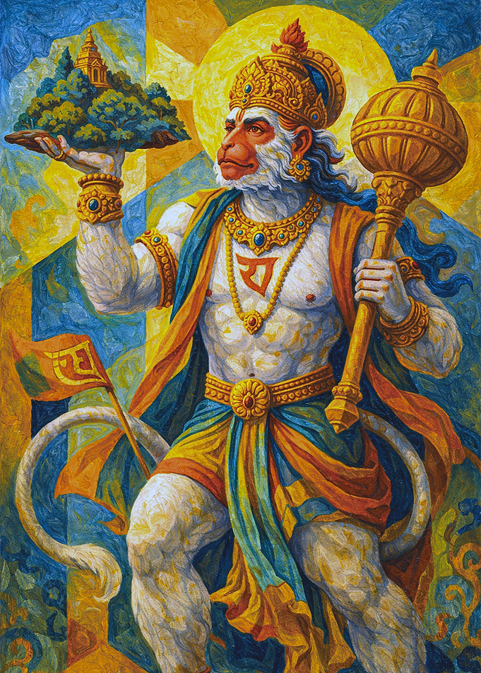 Hanuman Holding a Mountain with a Temple