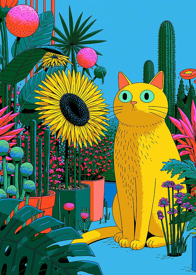 Yellow Cat in a Lush Garden