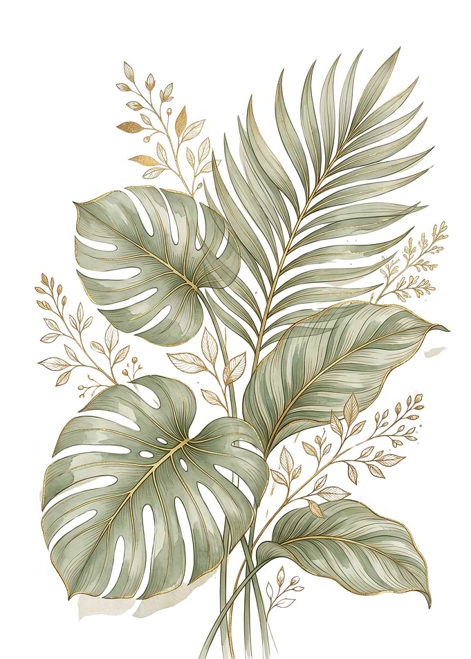Watercolor Tropical Leaves with Gold Accents