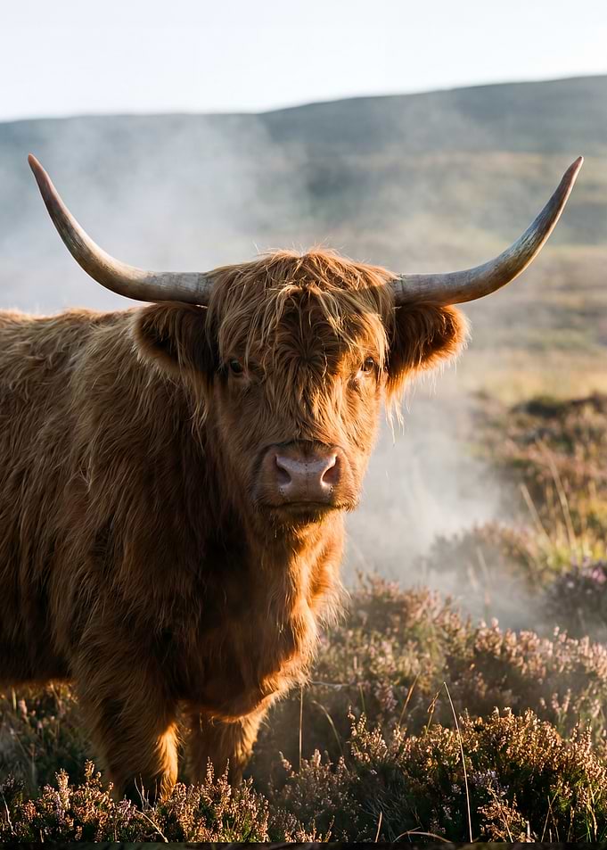 Highland Cow in Misty Landscape
