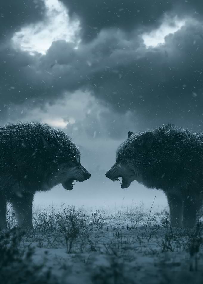 Two wolves facing off in snow