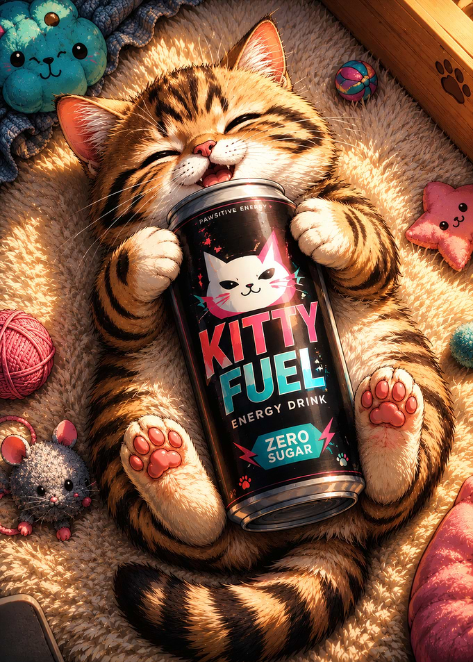 Cute Cat with Energy Drink