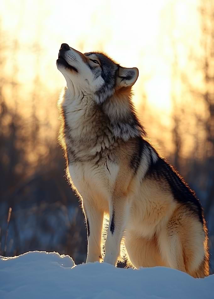 Wolf howling at sunset in snow