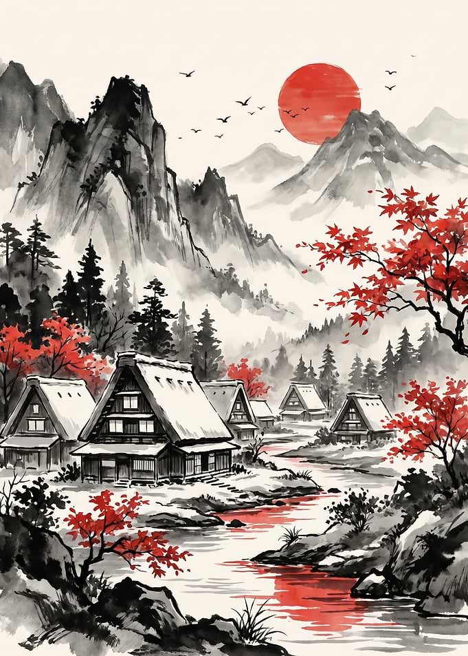 Japanese Village with Red Sun