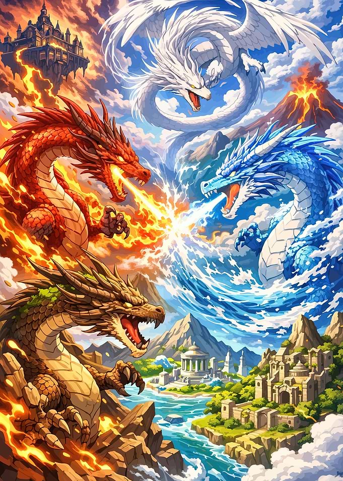 Four Elemental Dragons Battling