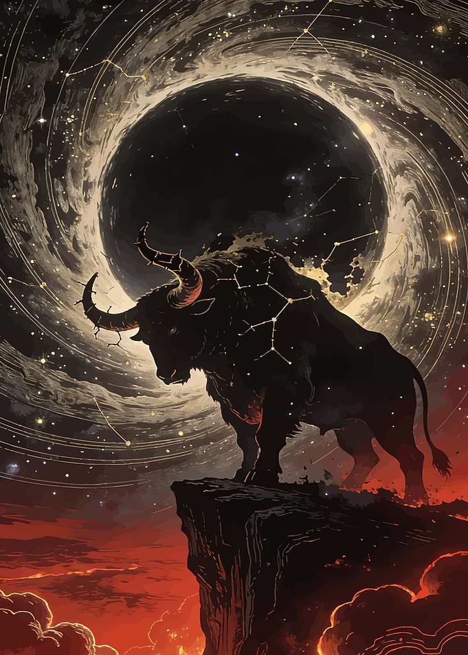 Cosmic Bull Standing on Cliff