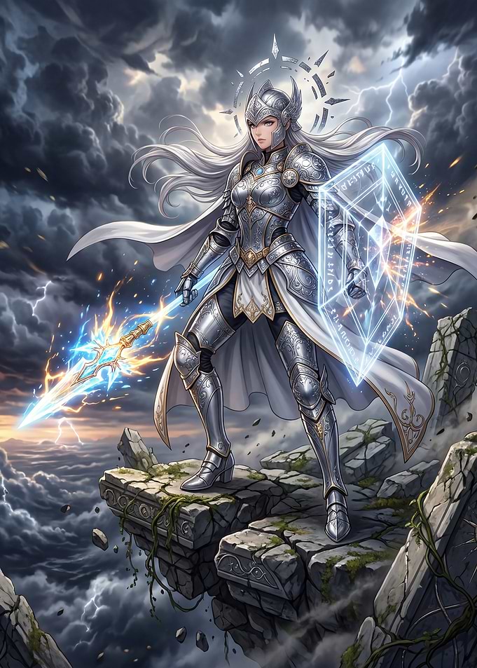 Fantasy Warrior with Glowing Sword and Shield