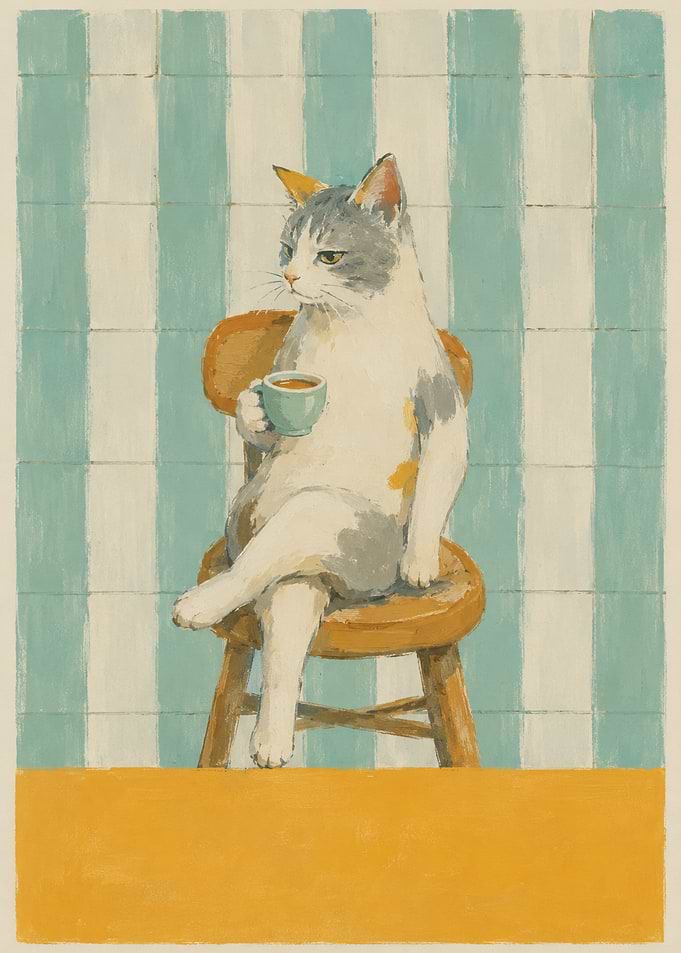 Cat drinking coffee on a chair