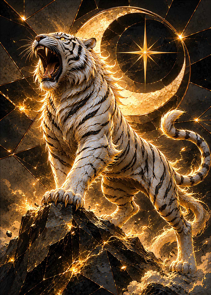 Golden Tiger Under Crescent Moon