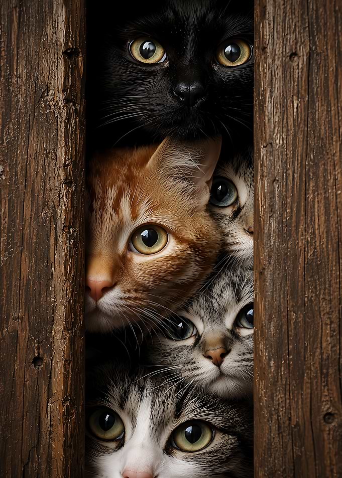 Stack of Curious Cats Peeking