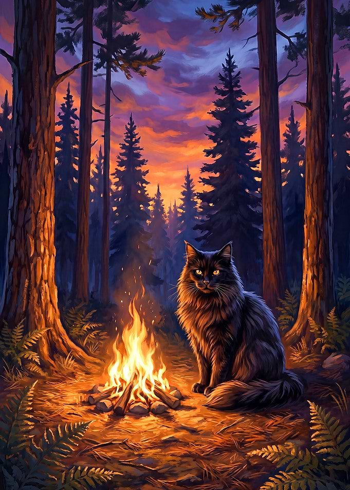 Black Cat by Campfire in Twilight Pine Forest