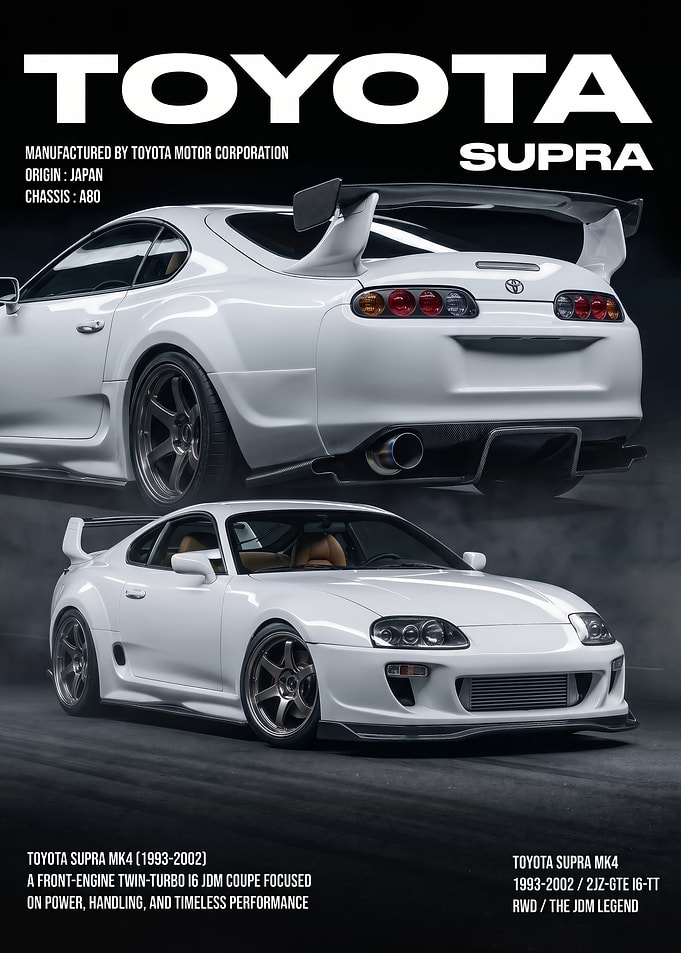 sleek White Toyota Supra MK4 car poster