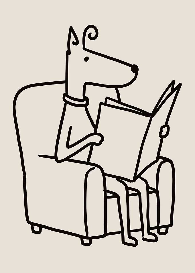 Minimalist Dog Reading Book Line Art
