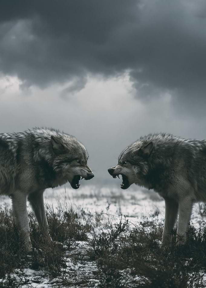 Two wolves snarling at each other