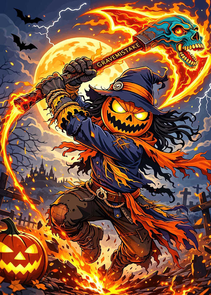 Scarecrow Pumpkin Warrior with Fiery Axe