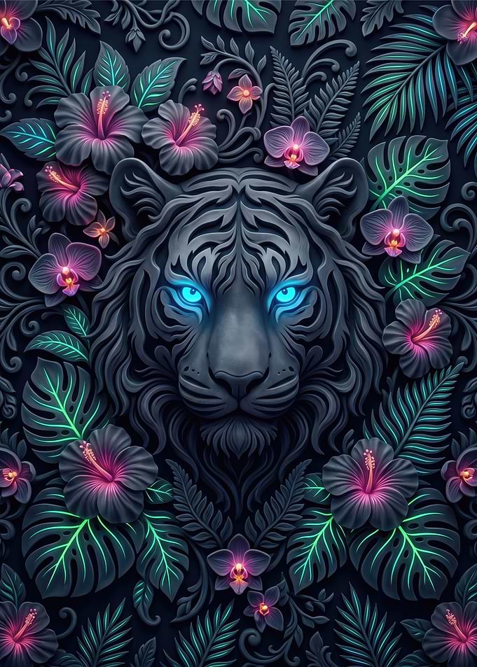 Tiger surrounded by tropical flowers