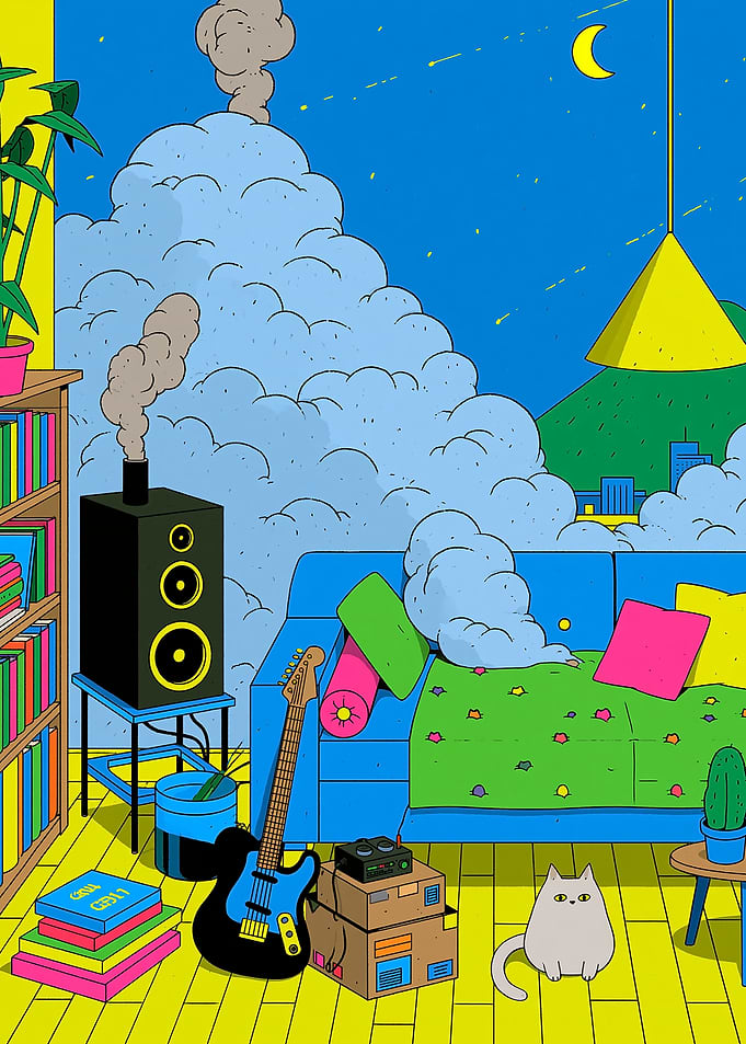 Cozy Room with Musical Instruments and Cat