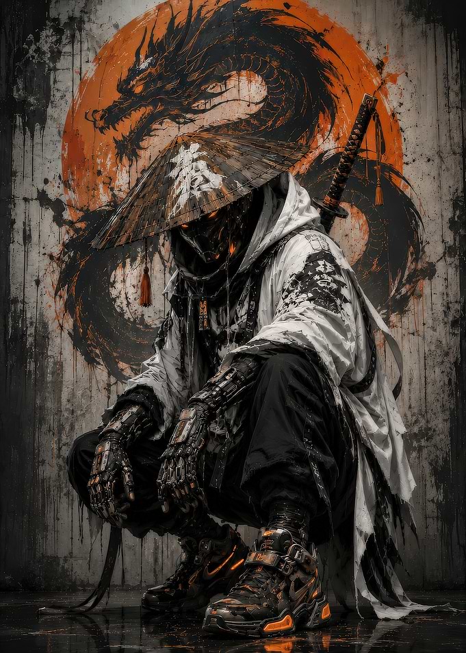 Cyberpunk Samurai with Dragon Background