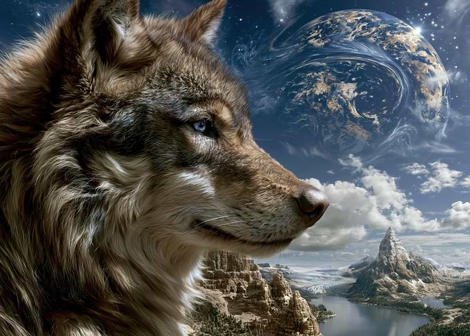 Wolf looking at Earth from space