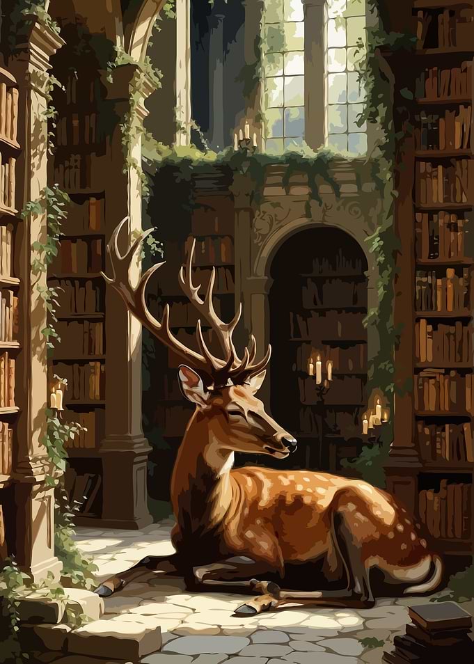 Deer in an ancient library