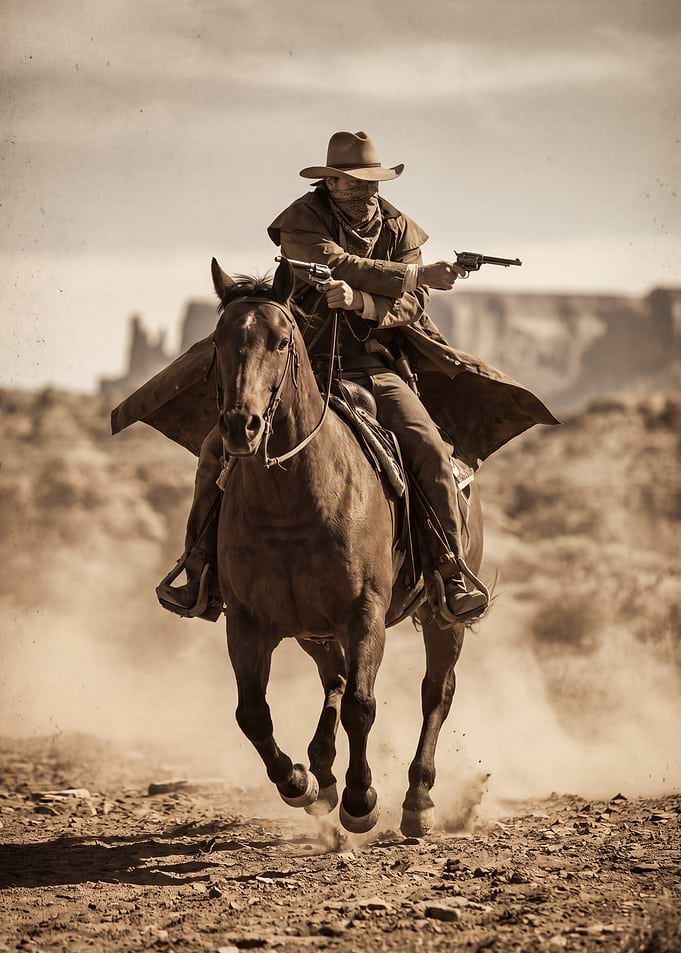 Cowboy on horseback firing guns