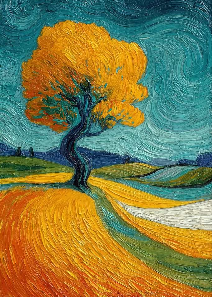 Golden Tree in a Swirling Landscape