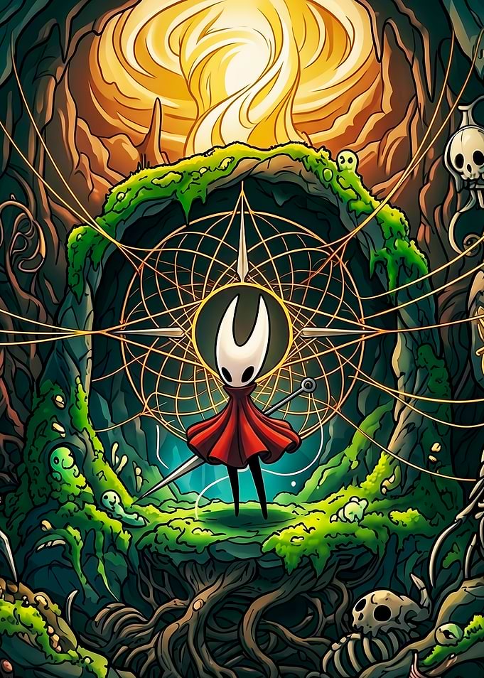 Hornet from Hollow Knight in a mystical forest
