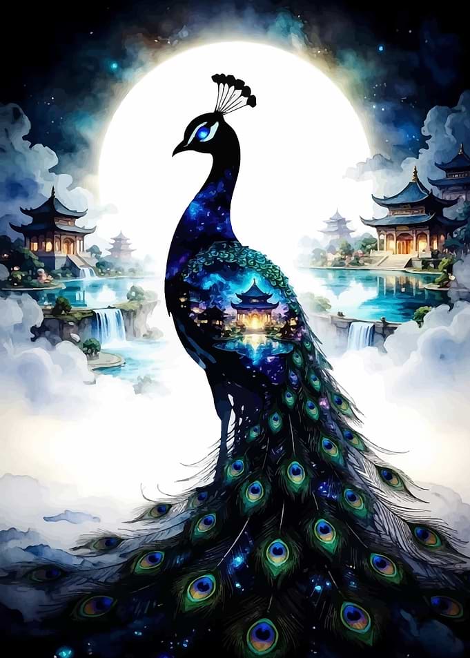 Cosmic Peacock with Asian Temples