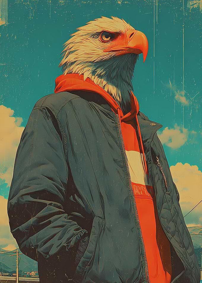 Eagle Wearing a Hoodie and Jacket retro