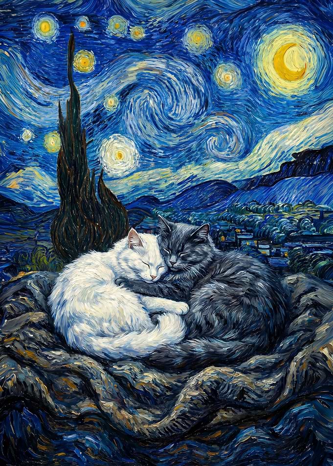 Two Sleeping Cats in Starry Night Van Gogh Style