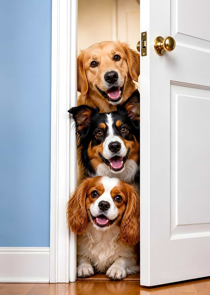 Three Dogs Peeking Through Doorway