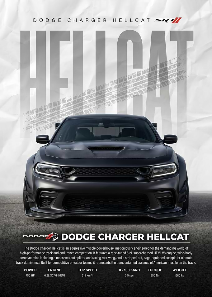 sleek black Dodge Charger Hellcat SRT car poster