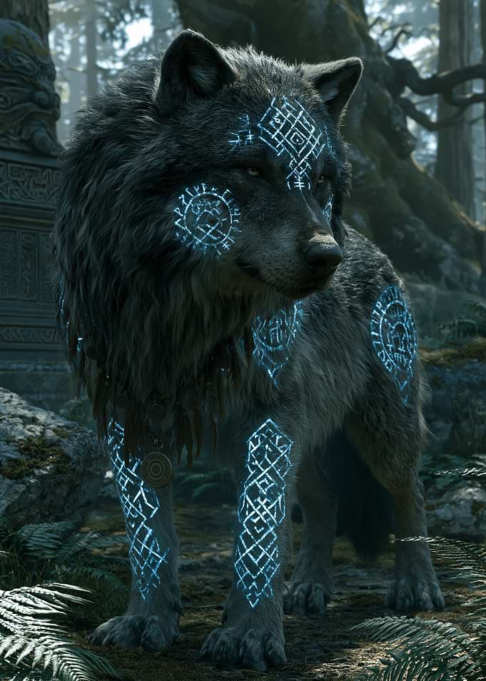 Mystical Wolf with Blue Runes