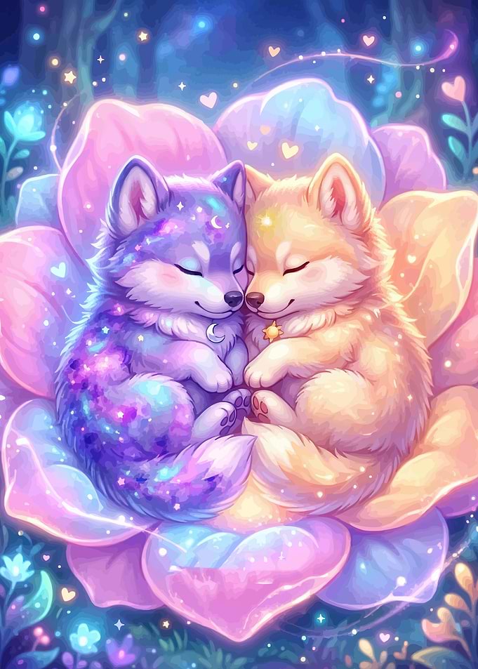 Cute Cosmic Wolves in Flower