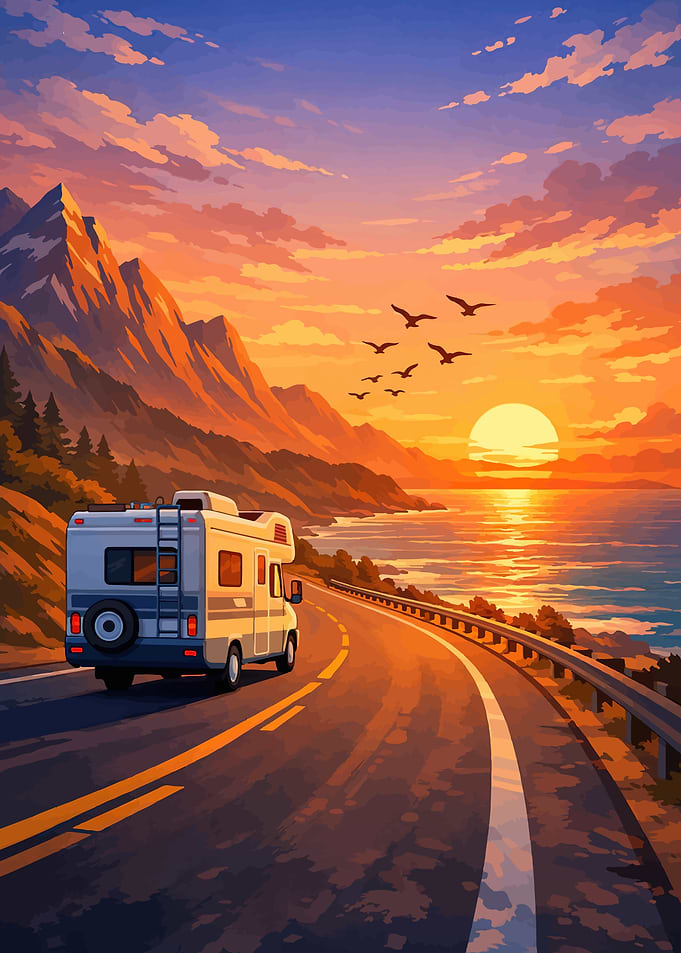RV driving on coastal highway at sunset