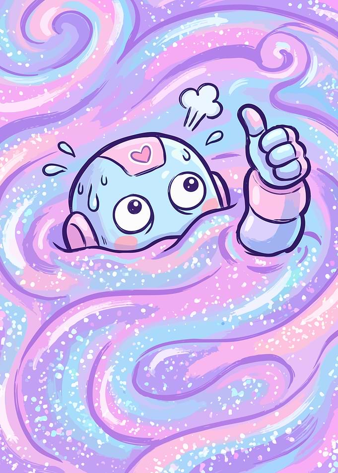 Cute Robot in Swirling Pastel Liquid