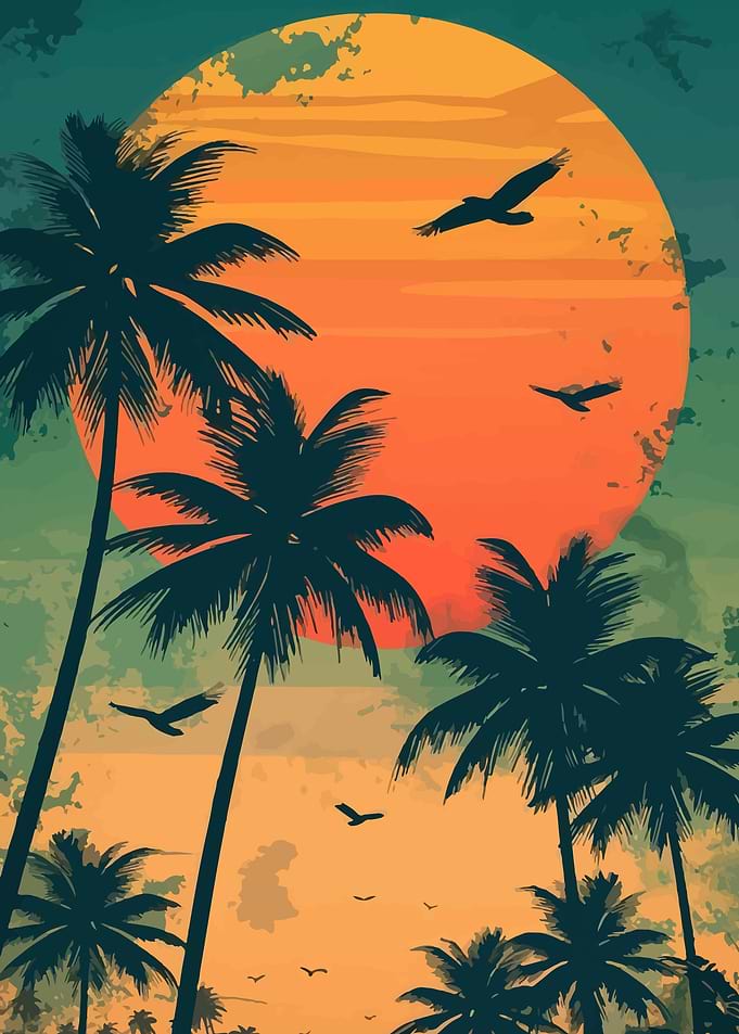 Tropical Sunset with Palm Trees and Birds