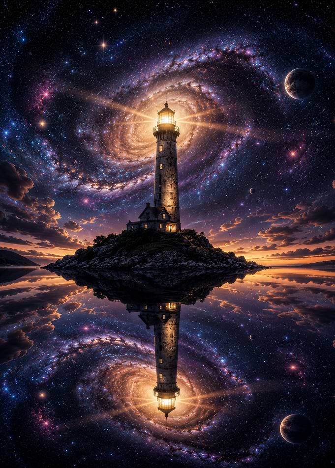 Cosmic Lighthouse Reflection