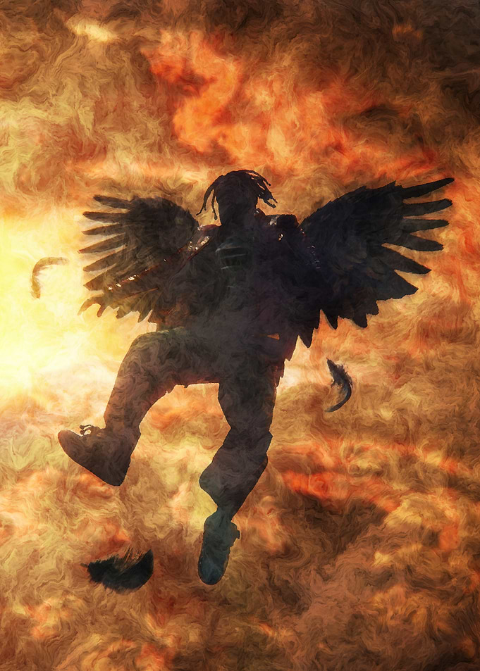 Silhouette of Angel Falling in Flames