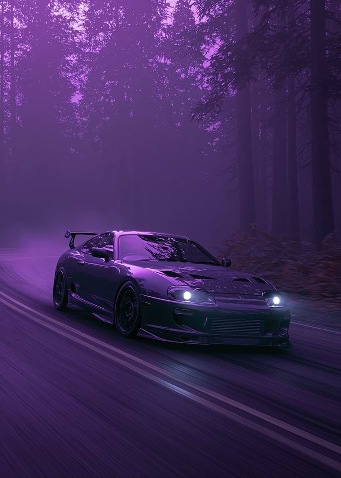 Purple Supra Driving Through Foggy Forest