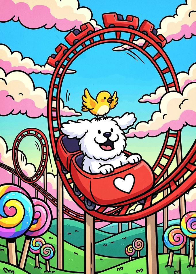 Cute dog and bird on a roller coaster