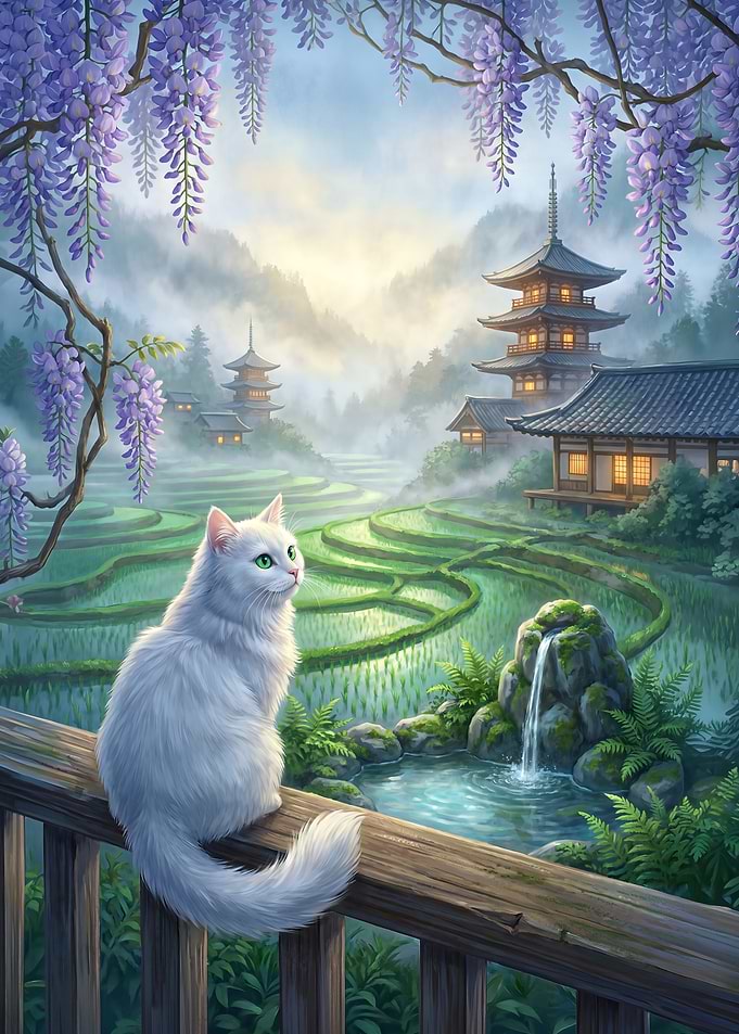 White Cat Overlooking Japanese Rice Terraces Under Wisteria